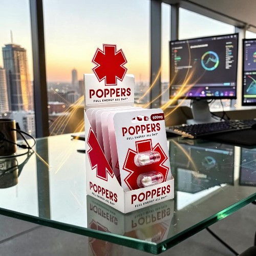 A stack of poppers on a glass table with a city view.