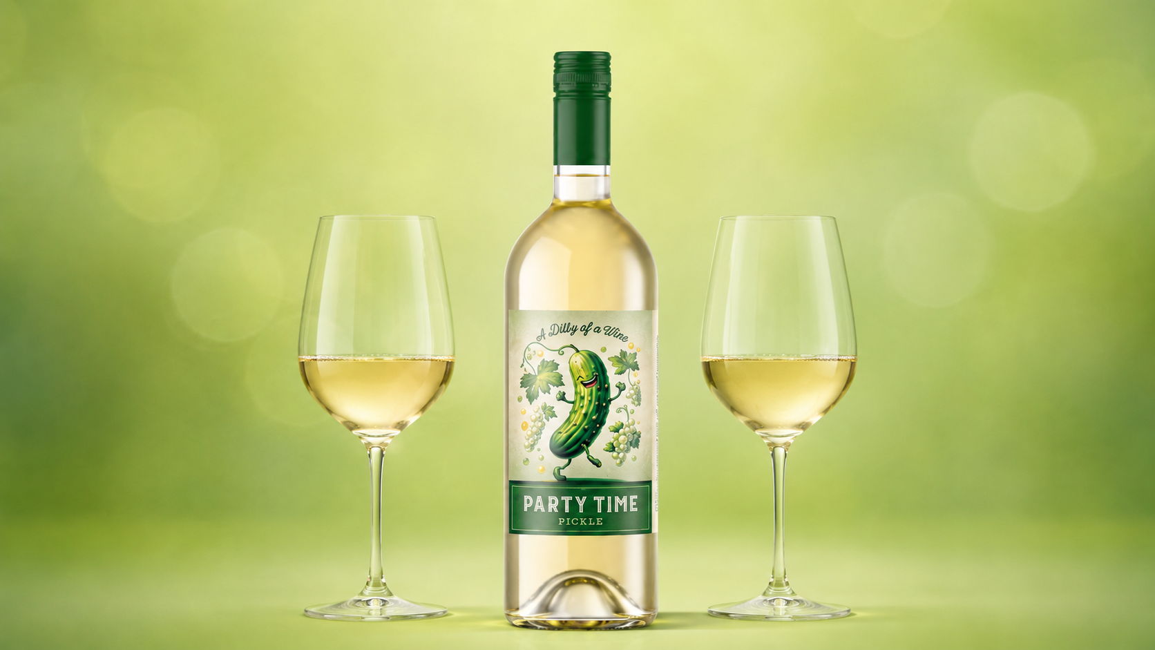 Bottle of white wine with two glasses on a green background.
