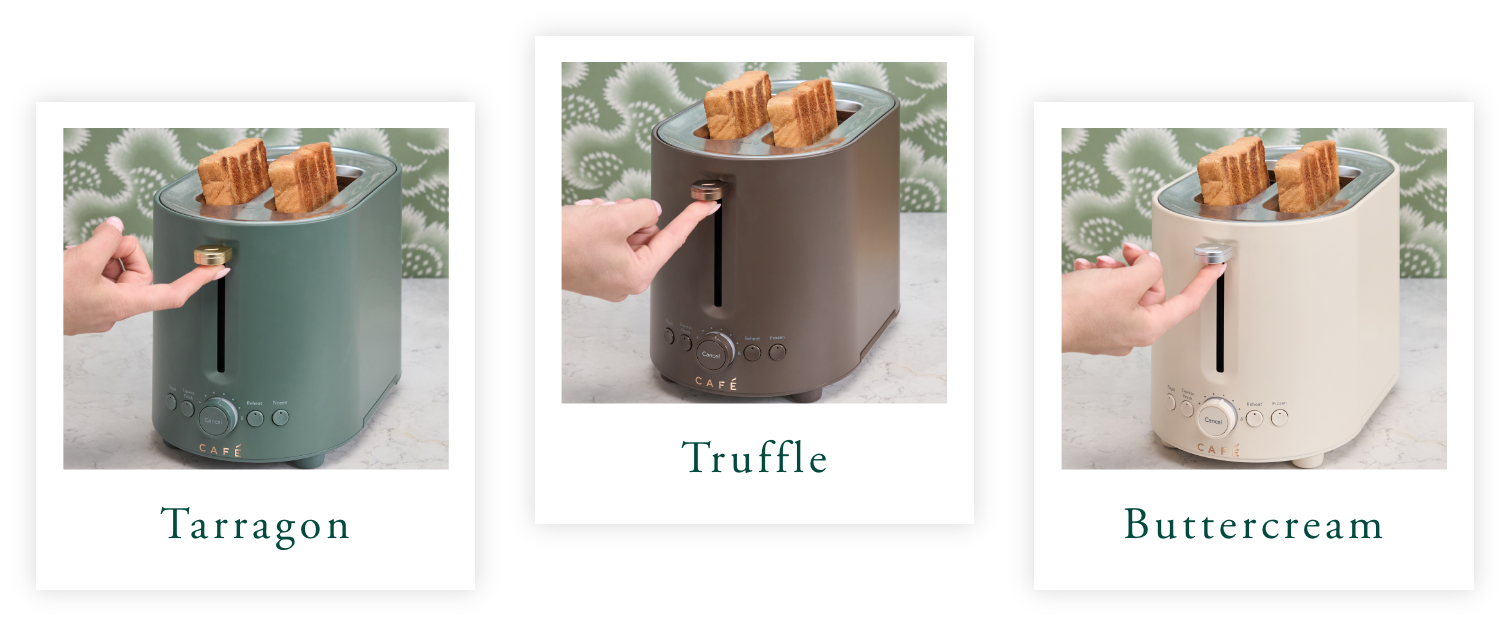 Three toasters in different colors: Tarragon, Truffle, and Buttercream.
