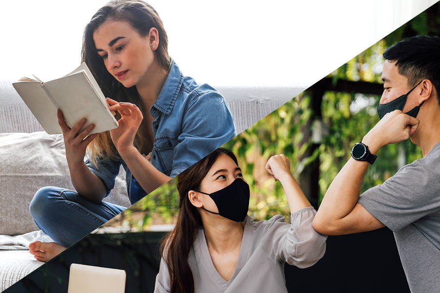 split image of individual reading and 2 people masked greeting each other with their elbows