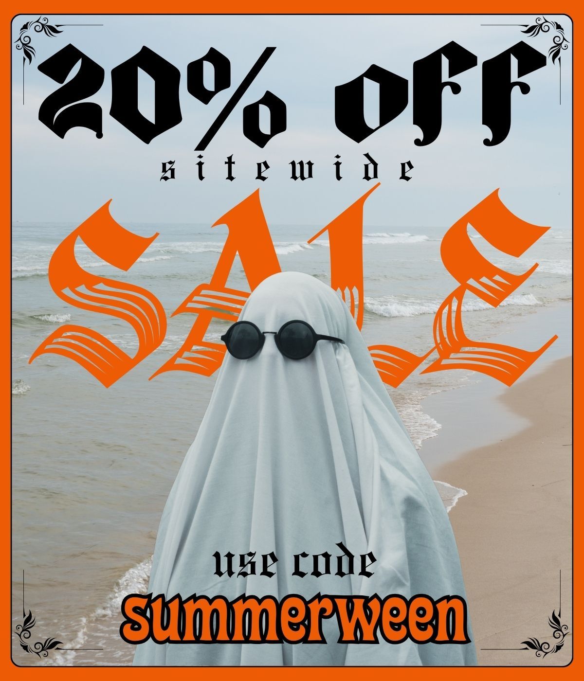 Ghost in sunglasses promoting a 20% off sale with code 