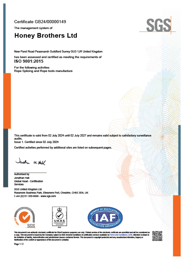 Certificate of compliance for Honey Brothers Ltd, ISO 9001:2015.