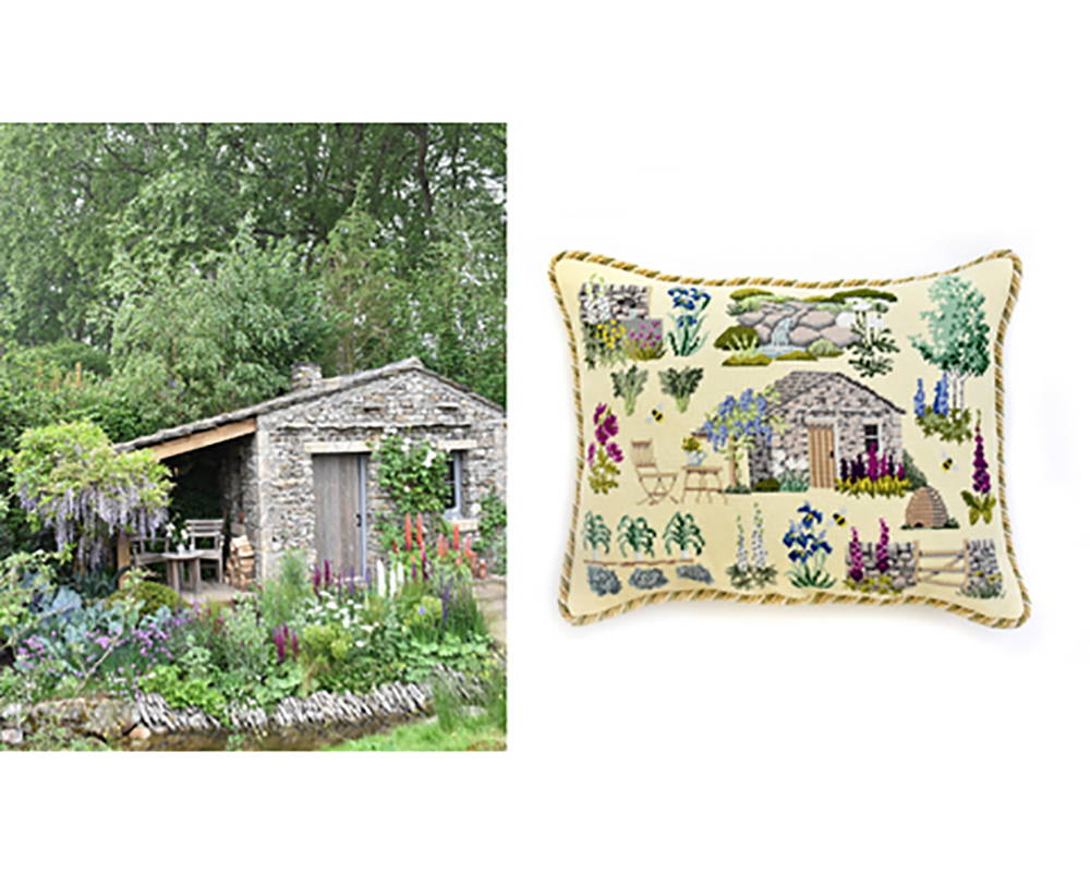 The Yorkshire Garden pillow next to the actual Yorkshire Garden