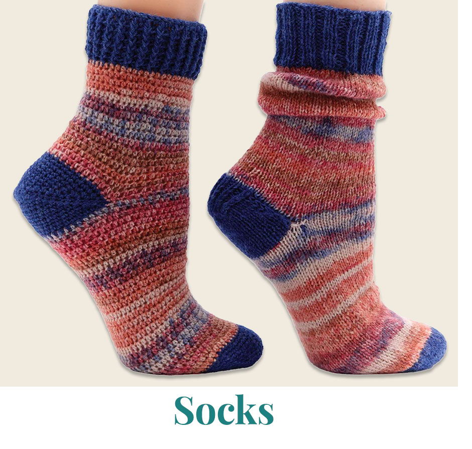 Pair of colorful knitted socks displayed side by side.