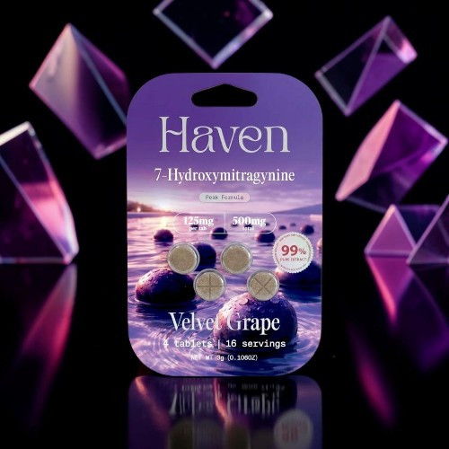 Haven Hydrating Gummies package in a purple design with floating geometric shapes.
