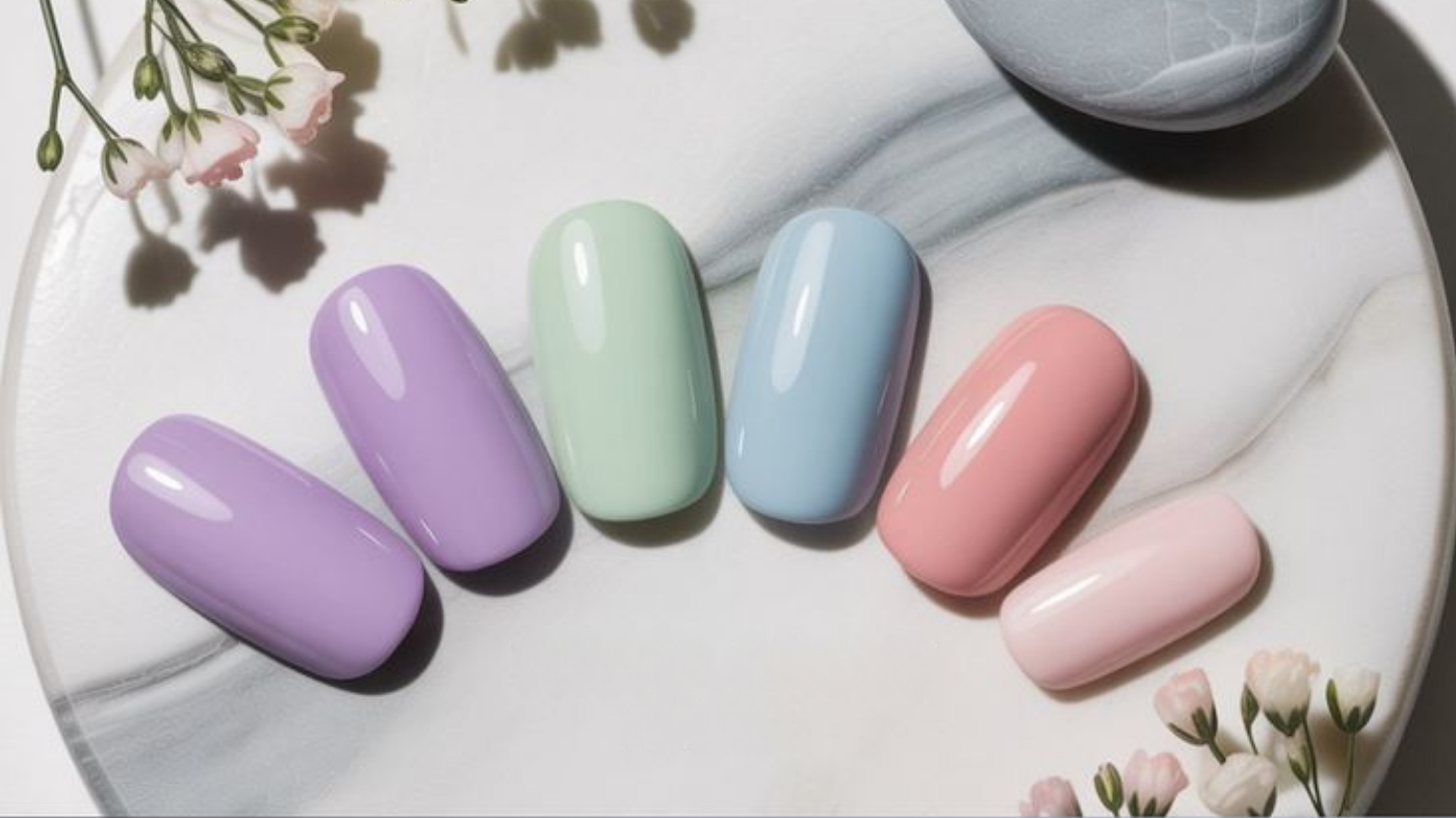 Assorted pastel nail colors swatches including pink, lavender, mint, baby blue, and peach manicure shades for soft nail inspiration