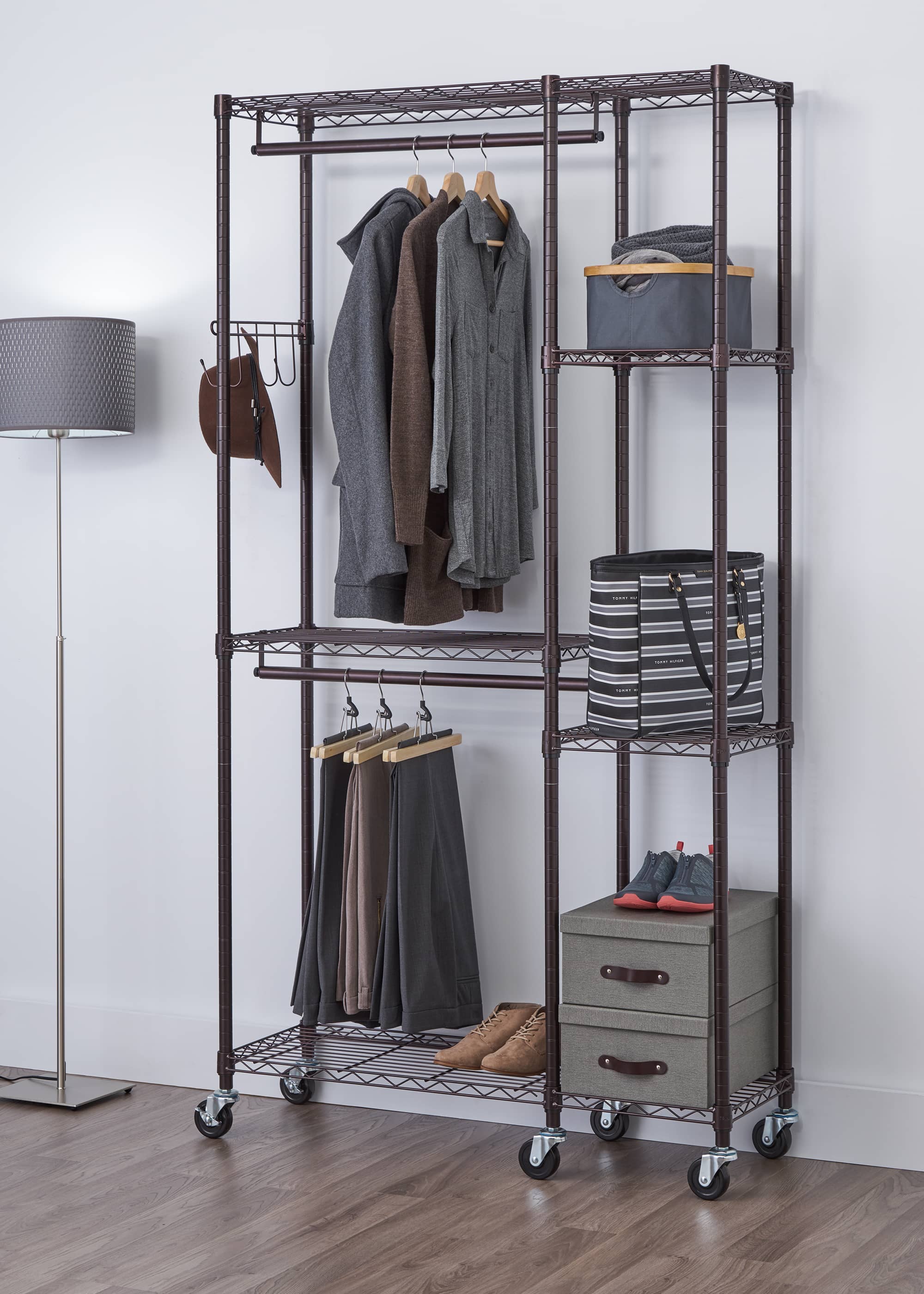 garment rack with shelves and wheels