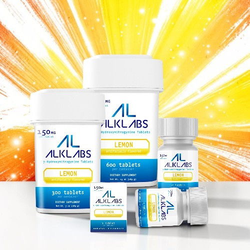 Bottles and containers of ALKLABS products with a colorful background.