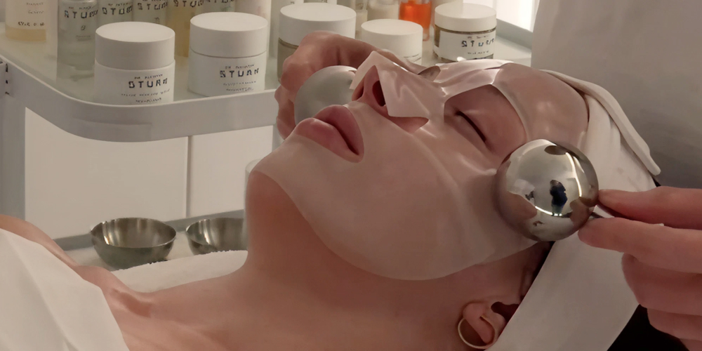 A person receiving a facial treatment in a spa setting.