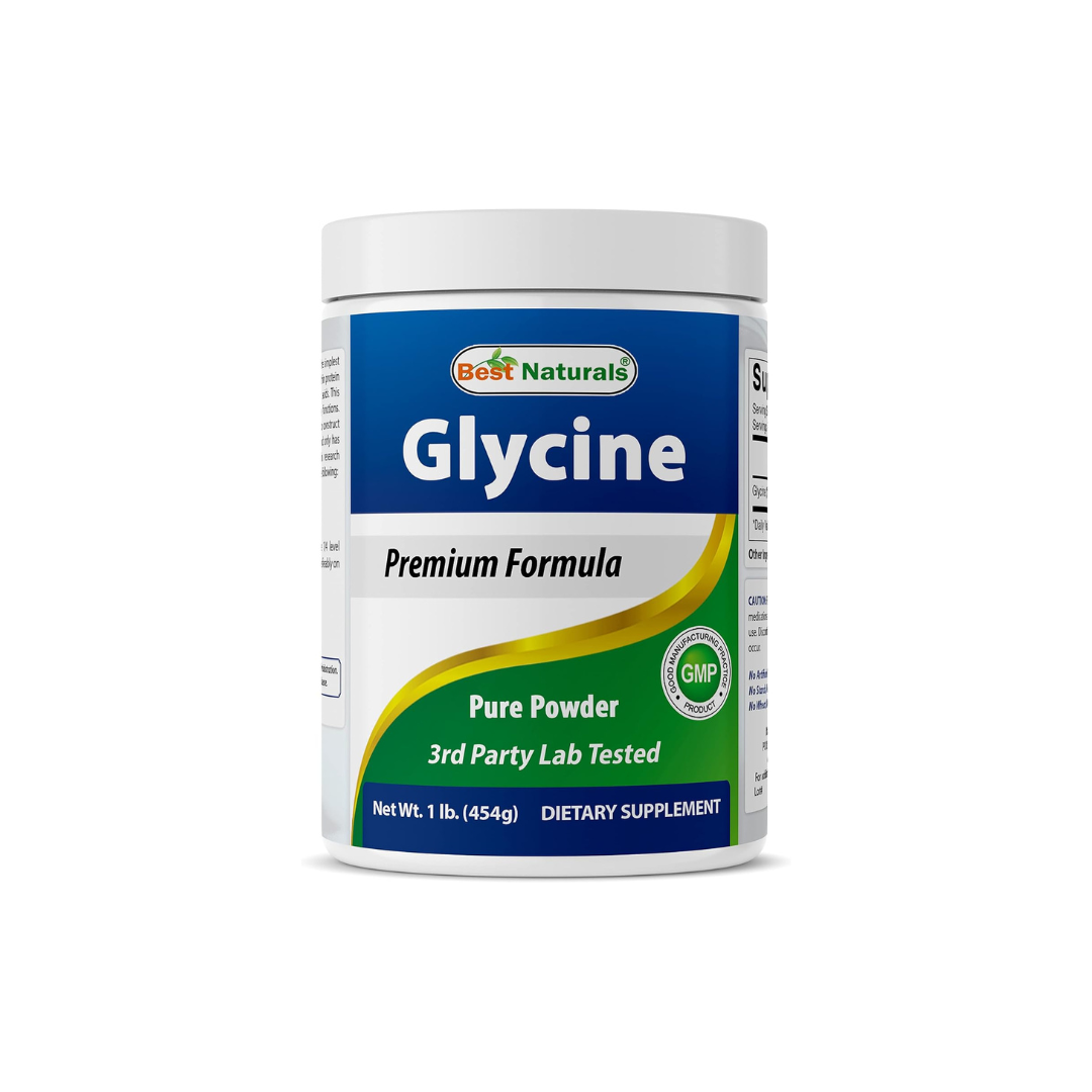 Container of glycine powder with label details.