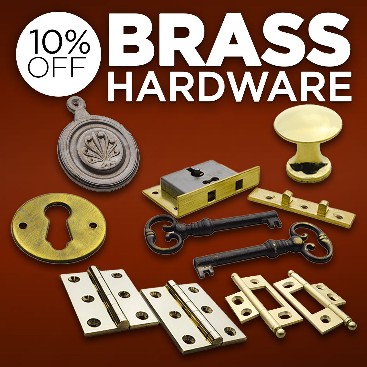 Brass hardware items with a 10% off promotion.