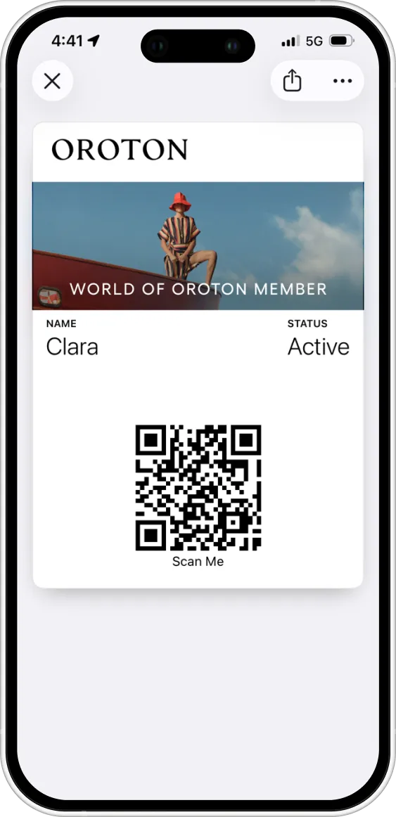 Oroton membership card for Clara, with active status and QR code.
