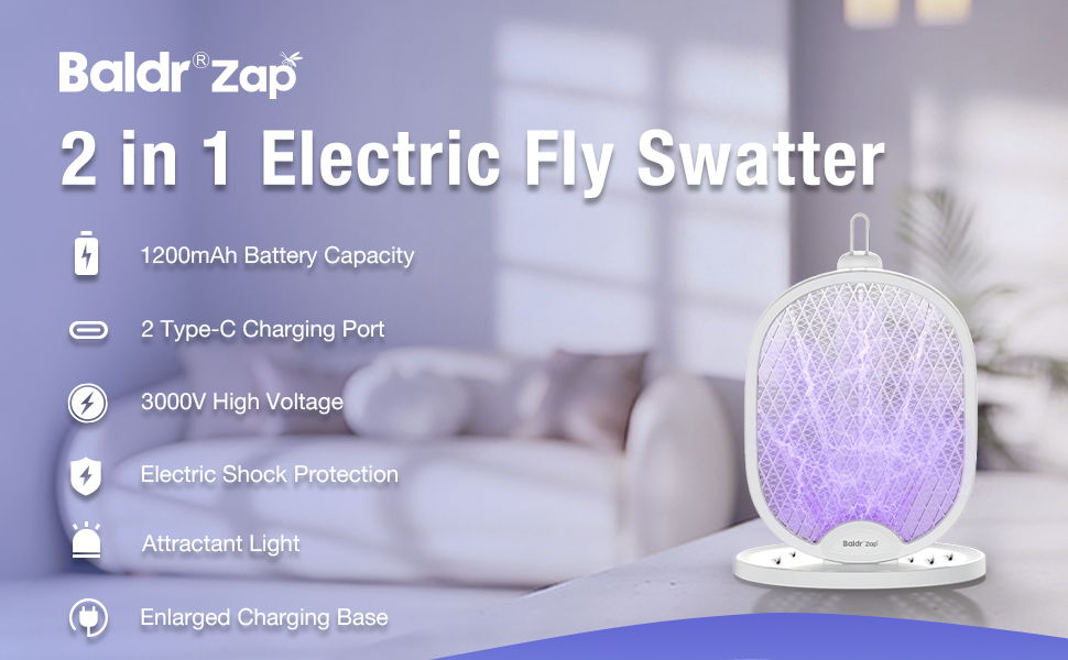 2 in 1 Electric Fly Swatter with charging capabilities and high voltage features.