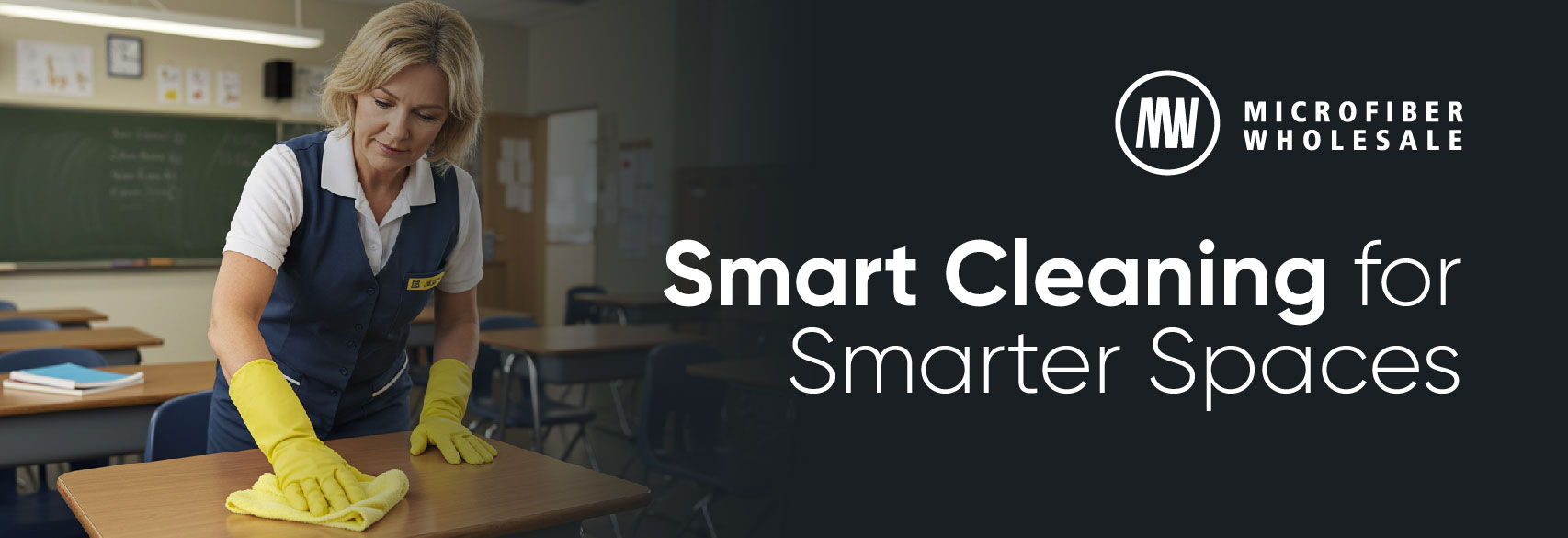 Person cleaning a classroom with 