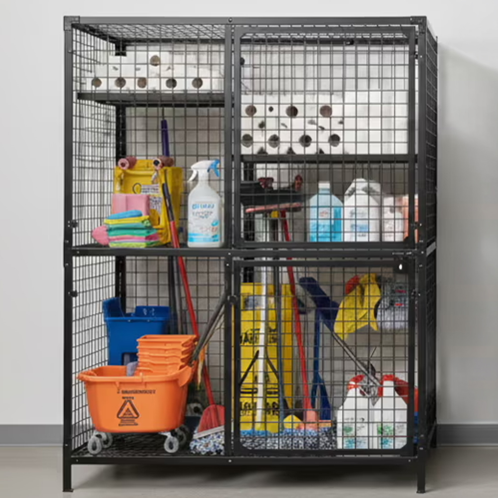 Storage rack filled with cleaning supplies and paper products.