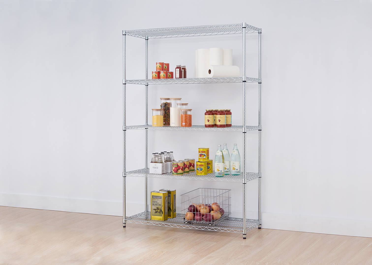 chrome wire shelving rack for kitchen use and with 5 shelves 