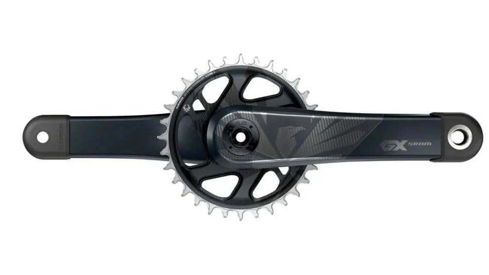 SRAM gx eagle carbon mountain bike cranks with chainring on a white background