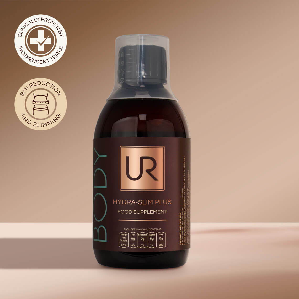 Bottle of UR BODY Hydra-Slim Plus on a neutral background with certification icons.