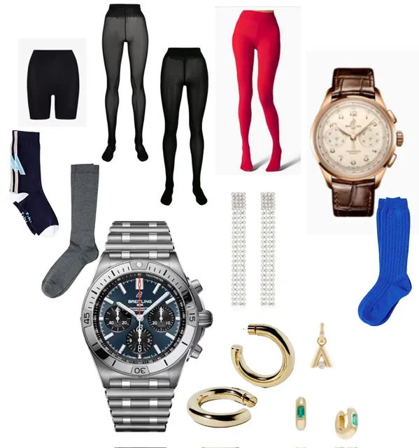 Fashion accessories including leggings, socks, watches, and jewelry.