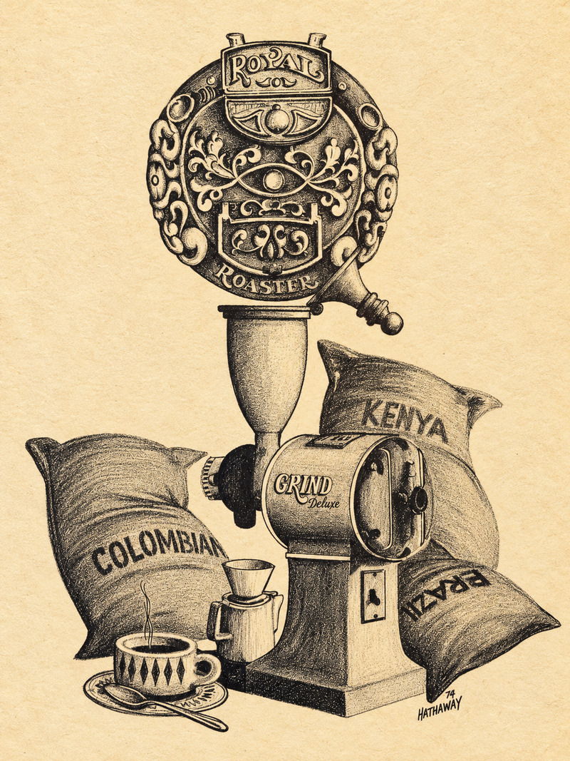 Coffee grinder with bags labeled Kenya and Colombia, and a cup.