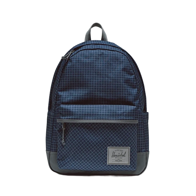 A blue patterned backpack with a front pocket and a logo patch.