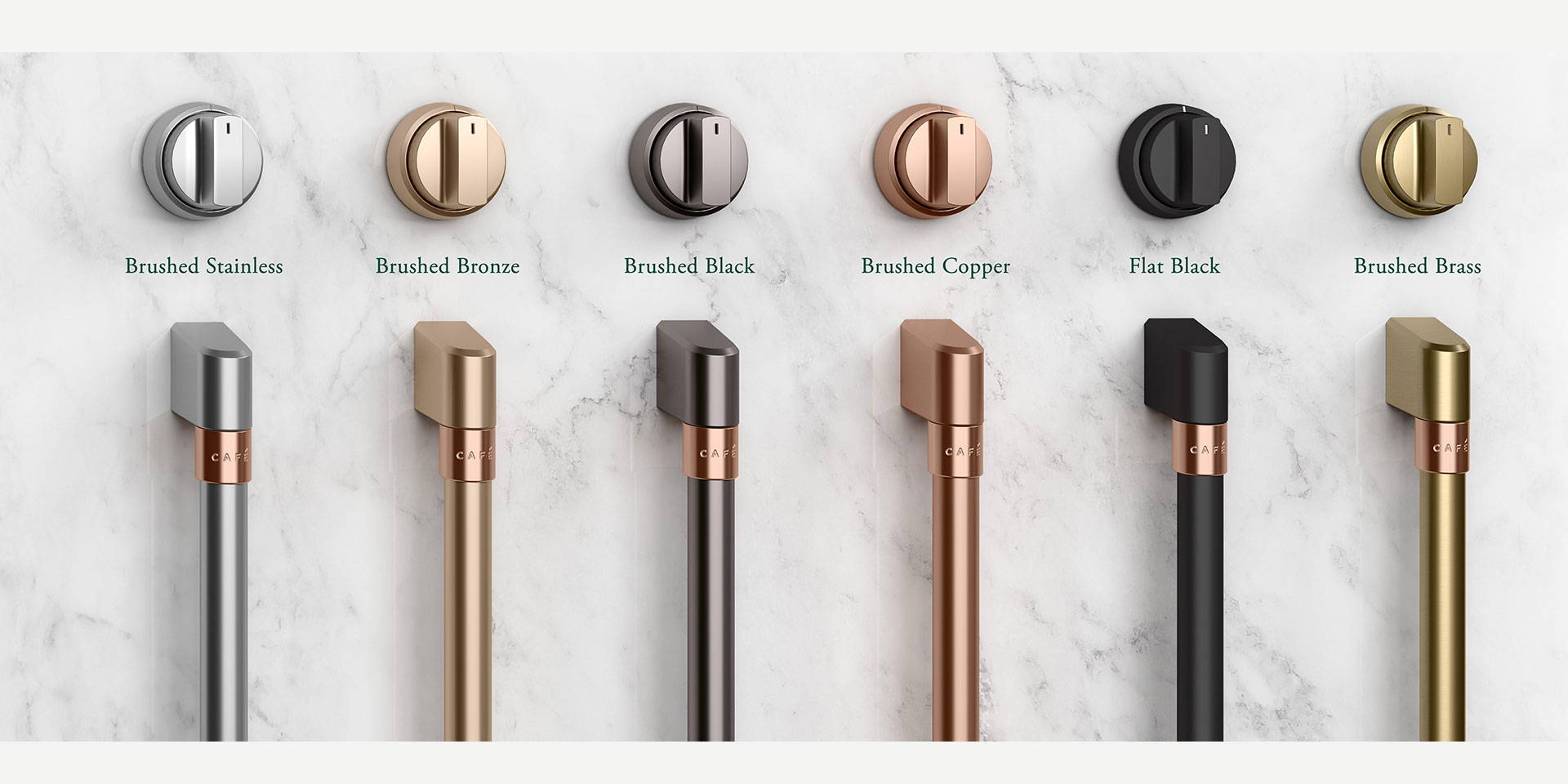 Six Cafe handles and knobs in different finishes