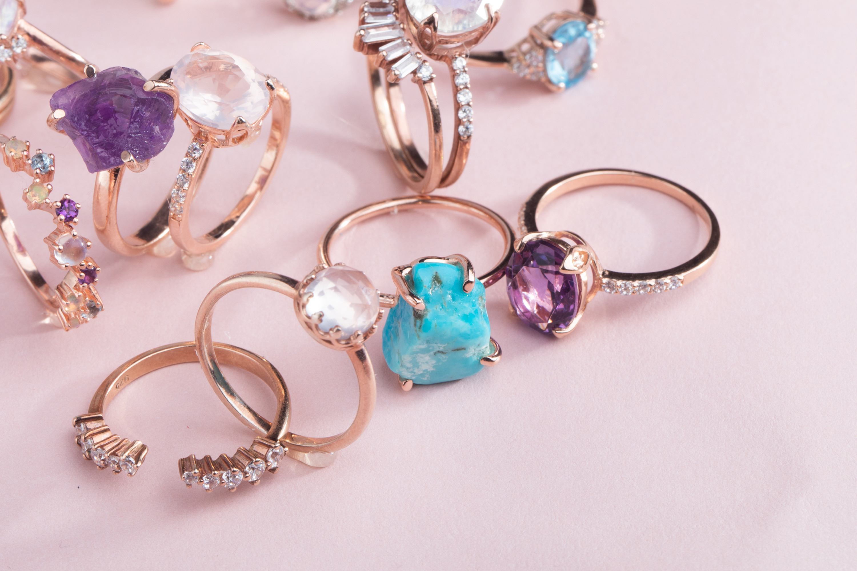 A selection of different gemstone rings.