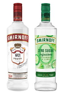 Two bottles of Smirnoff vodka, one regular and one zero sugar infusion.