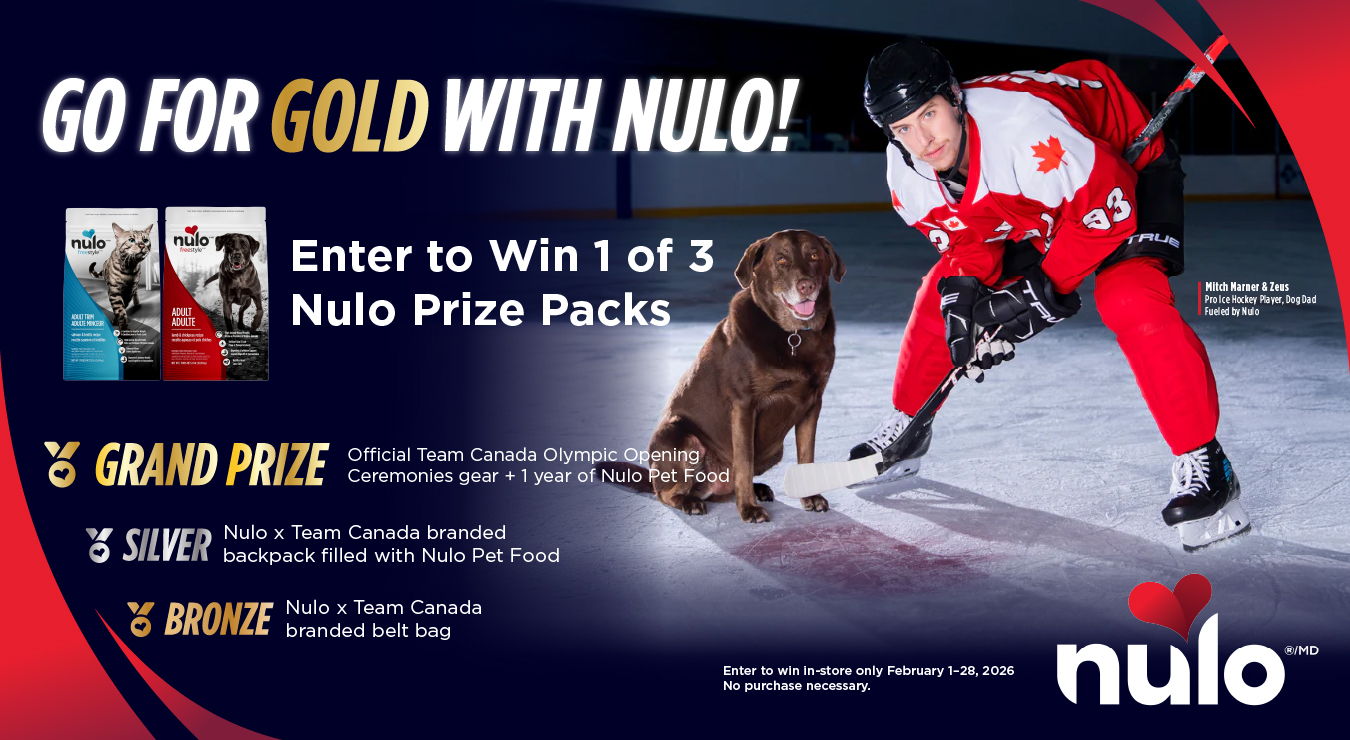 Enter to win 1 of 3 prize packs from Nulo. Enter in-store only February 1 to 28, 2026. No purchase necessary