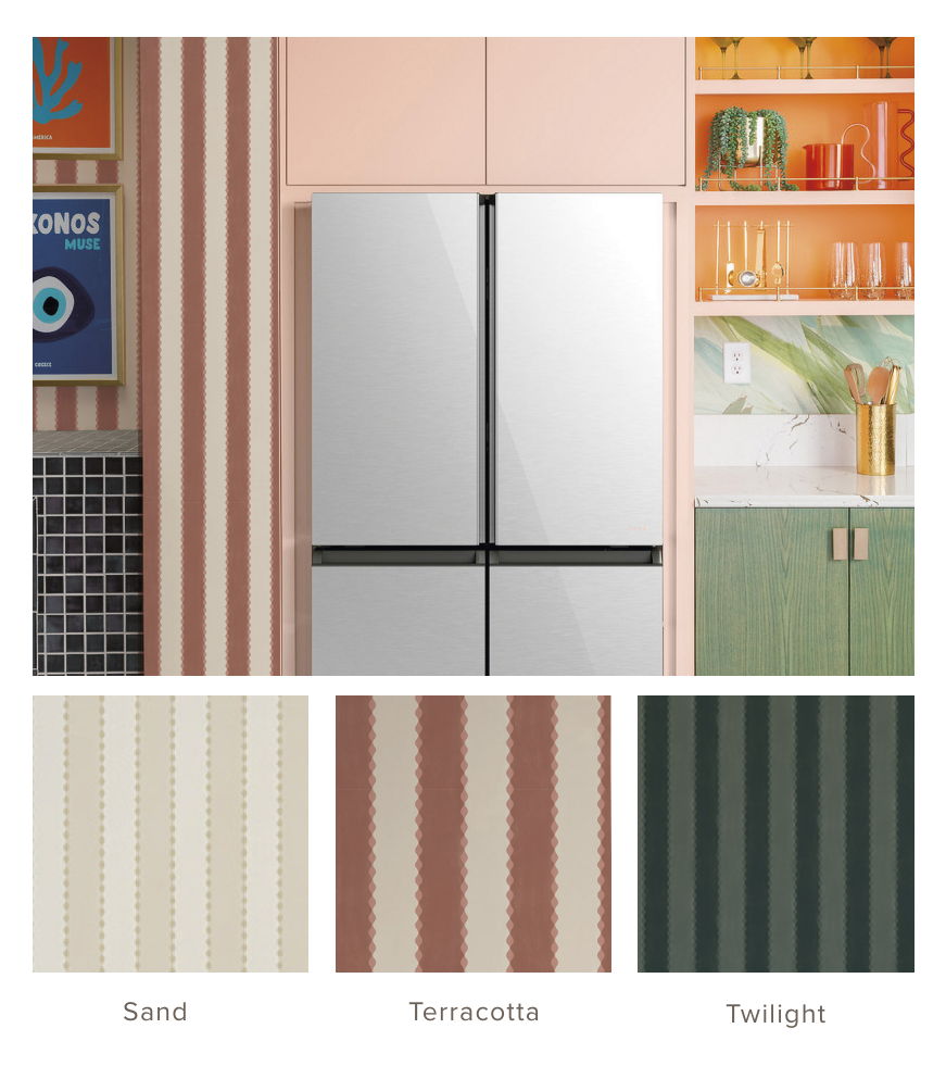 Refrigerator with color palette samples: Sand, Terracotta, Twilight.