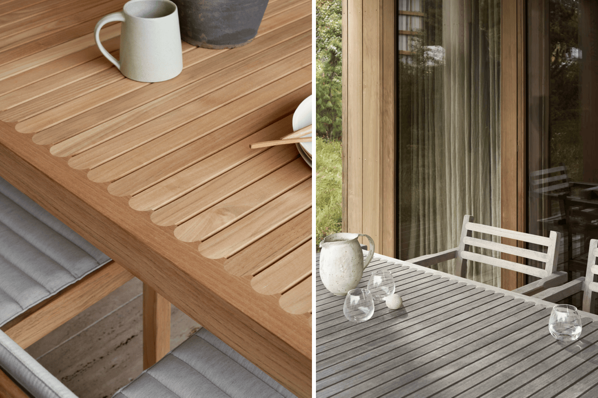 Teak outdoor dining table detail showing natural wood grain and weathered gray teak finish designed to age gracefully outdoors
