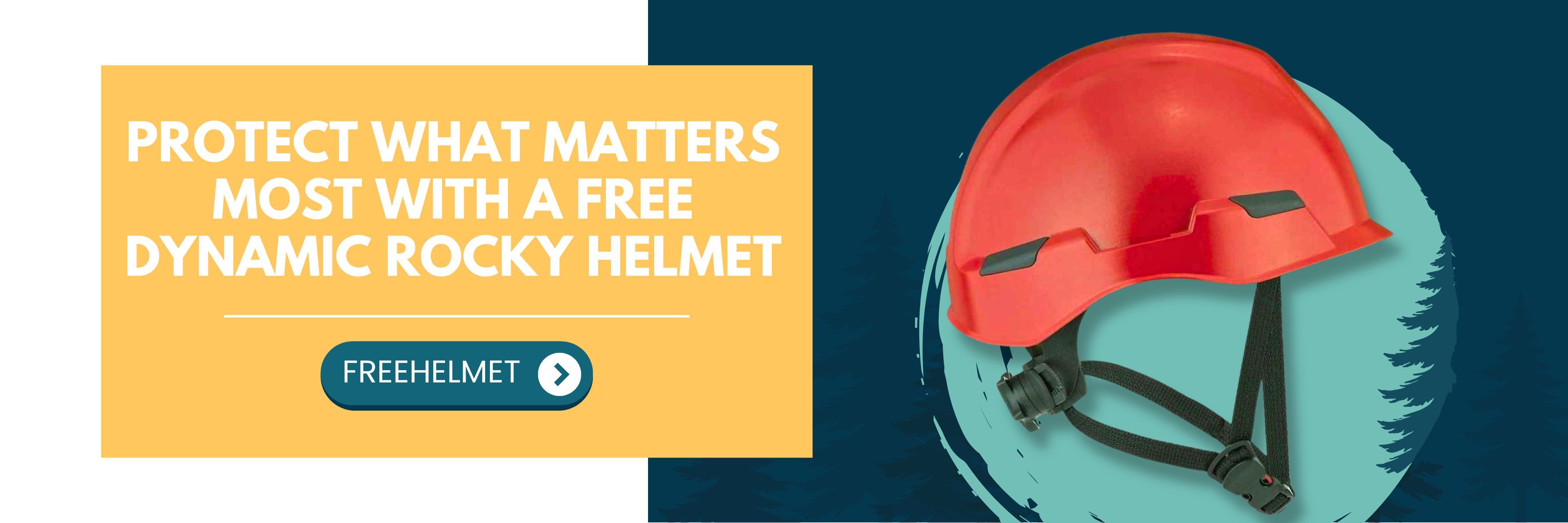 Red helmet with text promoting a free dynamic rocky helmet offer.