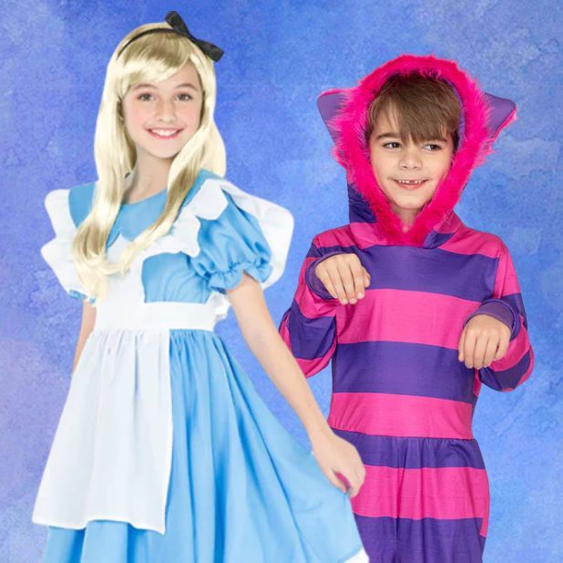 A blue background with two Alice In Wonderland Costumes. The Alice Deluxe and the Cheshire Cat Cosy. Click to shop all Alice in Wonderland Book Week Costumes.