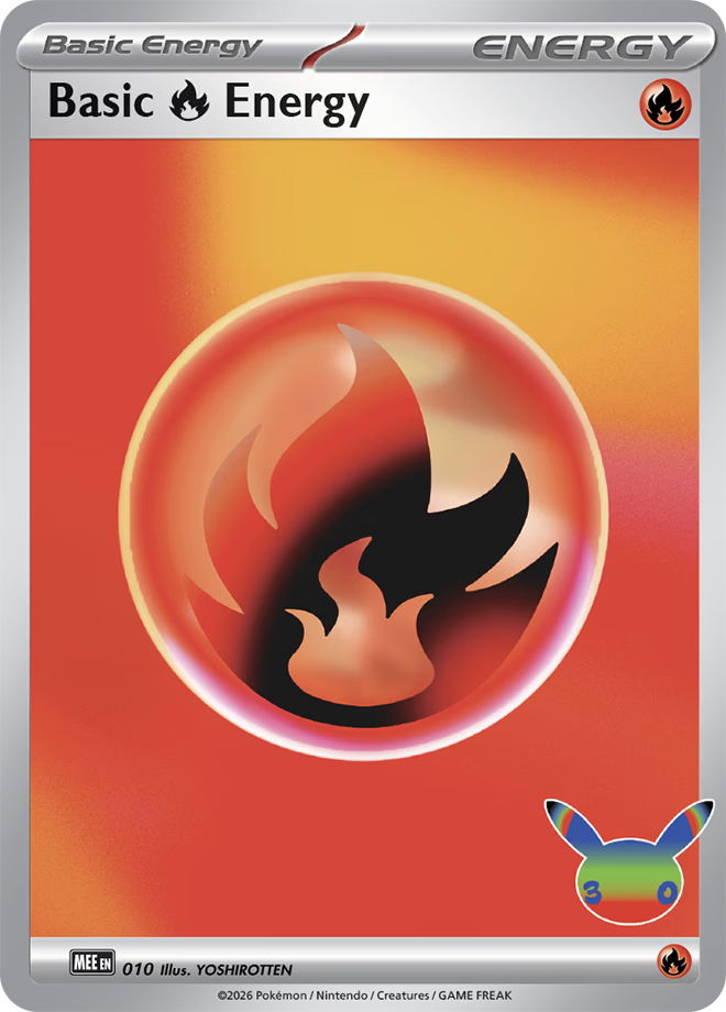 A futuristic fire energy card from the Pokémon TCG's 30th Celebration set.