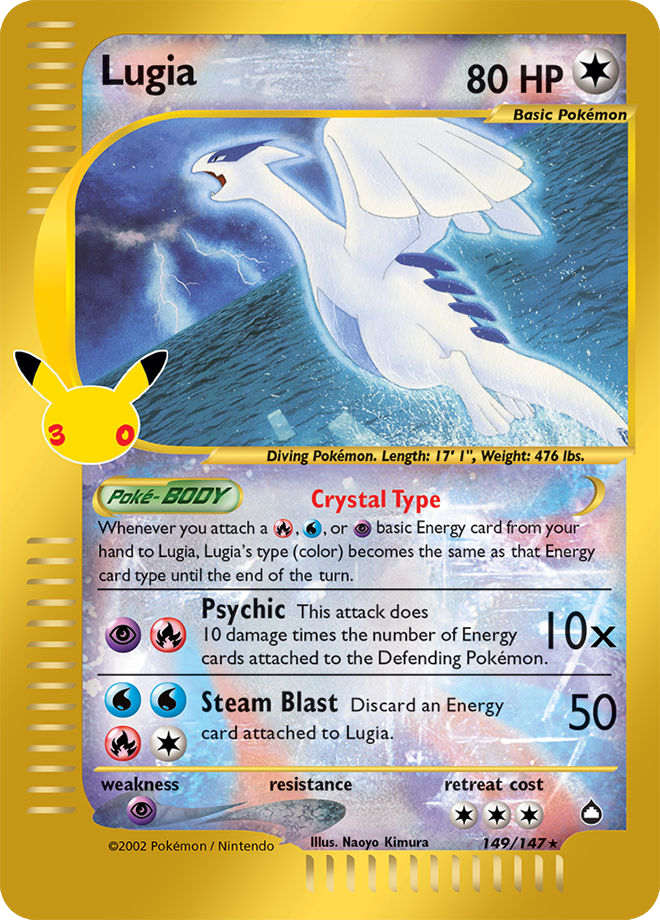 Crystal Lugia, a Pokémon card that was recently reprinted in the Pokémon TCG's 30th Celebration Classic Collection.