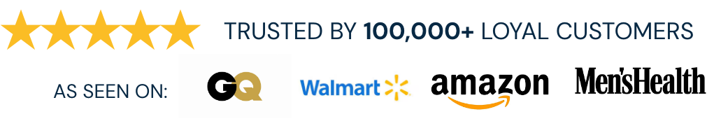 Five-star rating with logos of Walmart, Amazon, and Men'sHealth.