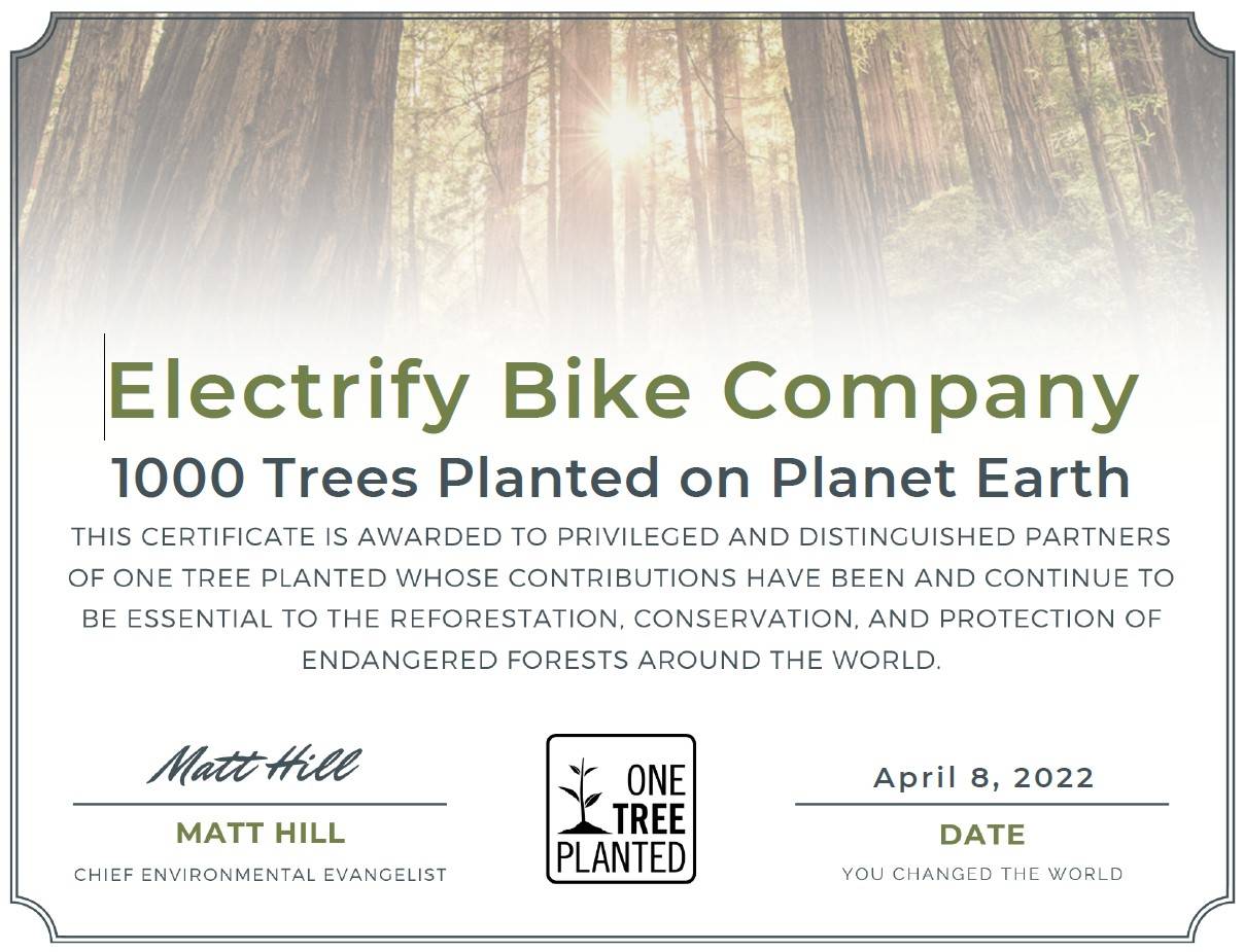 Electrify Bike Company Pledge to One Tree Planted
