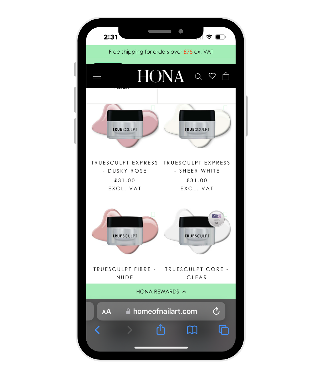 Mobile phone displaying HONA website with beauty product options.