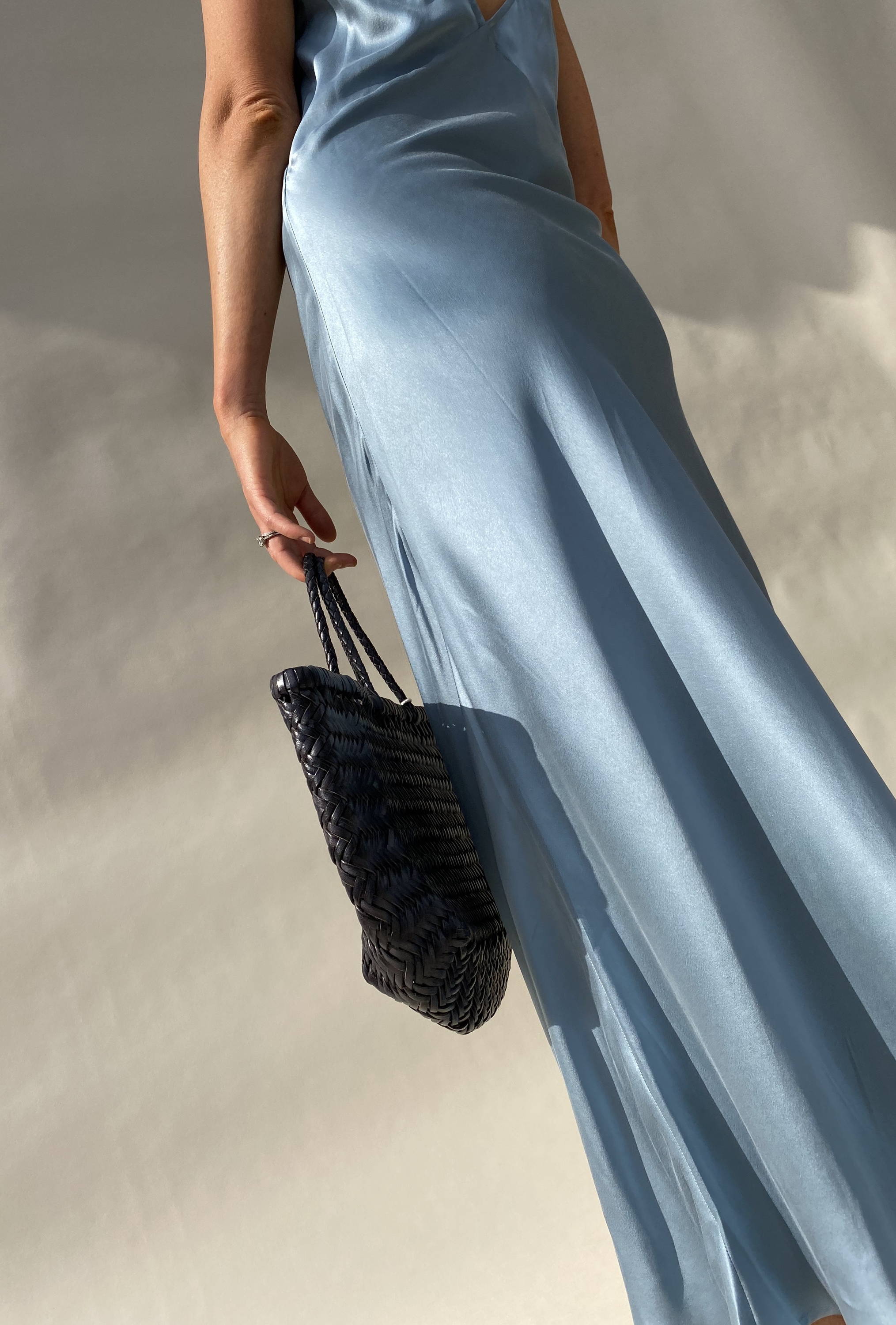 Blue bias cut silk slip dress