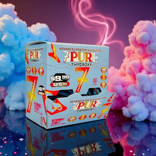 Colorful box of Pure 7 energy shots surrounded by colorful smoke.