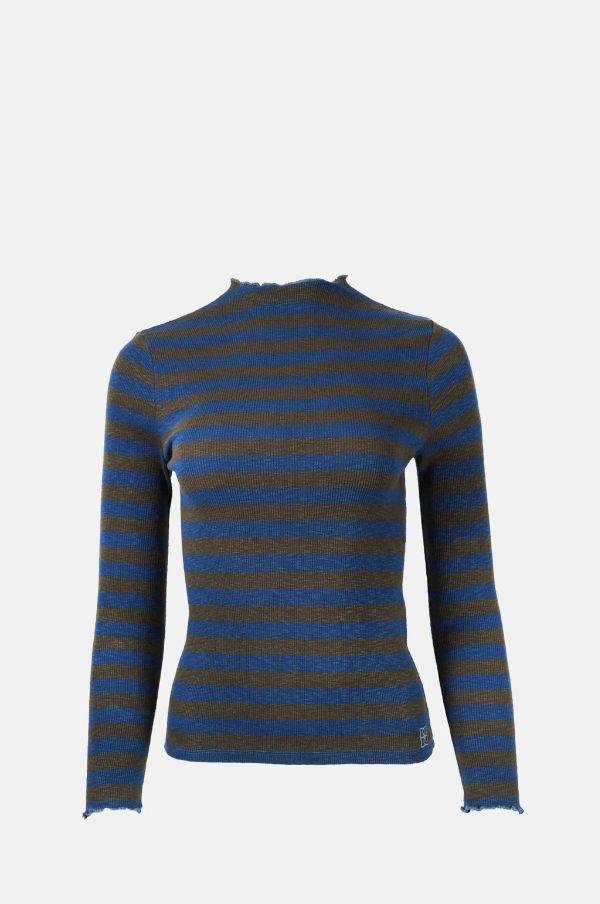 Product image of a Niba T-shirt with a raised neckline, long sleeves in mid blue and dark grey stripes.