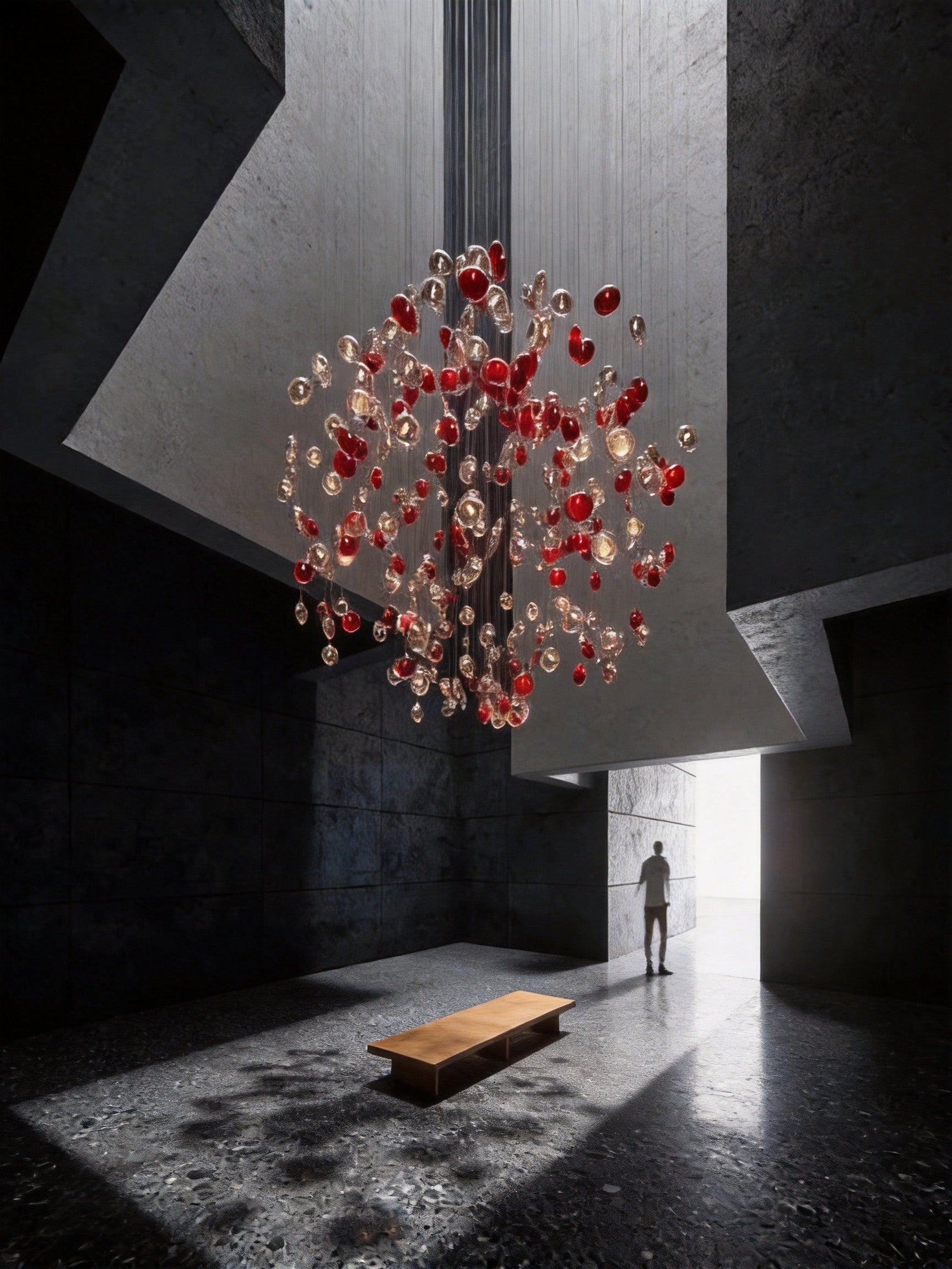 Hand-blown glass bubble chandelier in a dark concrete void, with a person below showing the scale