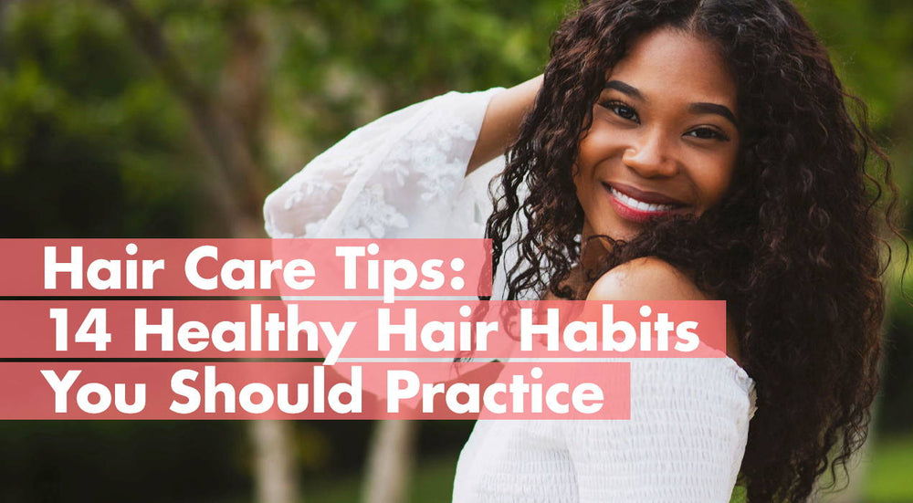 Woman smiling with curly hair, promoting hair care tips and healthy habits.