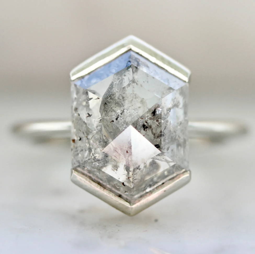 Hexagon Salt and Pepper Diamond Ring