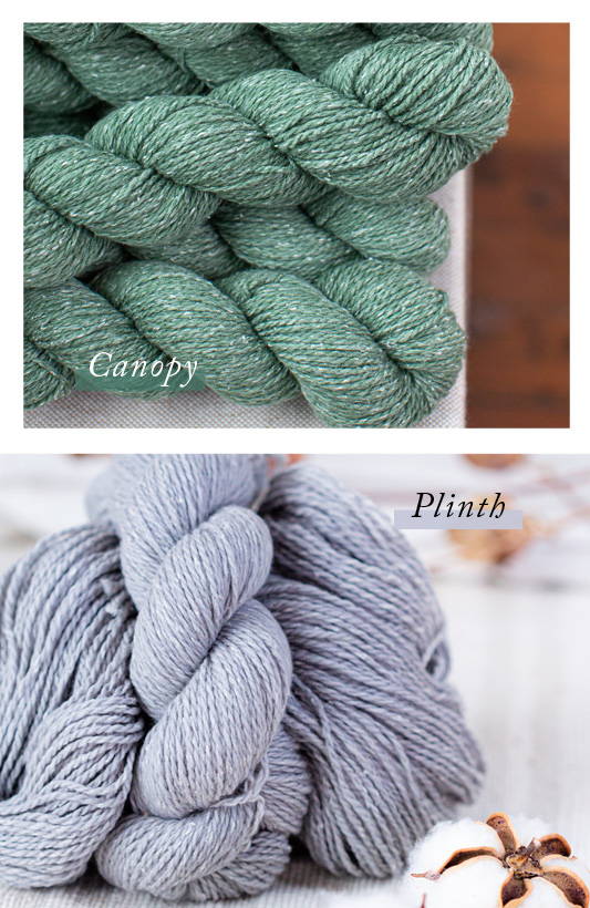 Top: A pile of Dapple skeins in color Canopy sit atop a table. Bottom: A skein sits on top of a swirl, both Dapple in color Plinth, with cotton blossoms in the foreground and background.