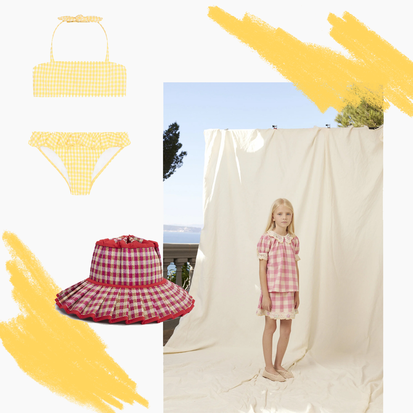 A girl in a pink dress stands beside summer clothing items and yellow accents.