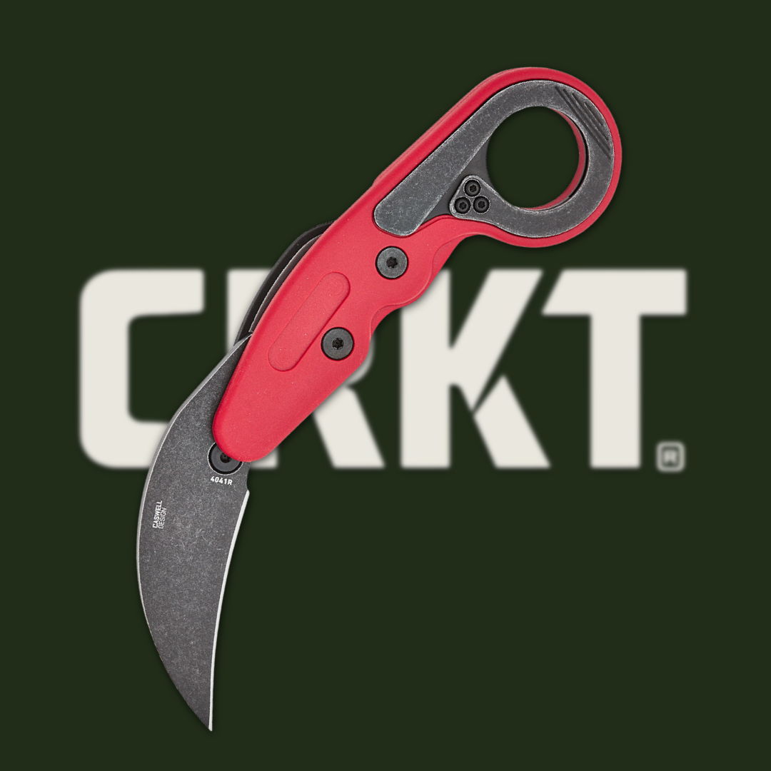 Red curved knife with a handle against a dark background.