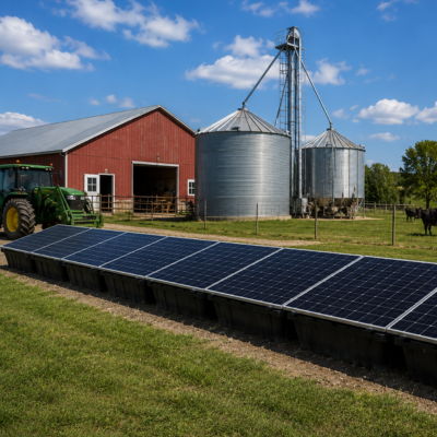 Farm scene with solar panels, silos, and a barn under a blue sky.