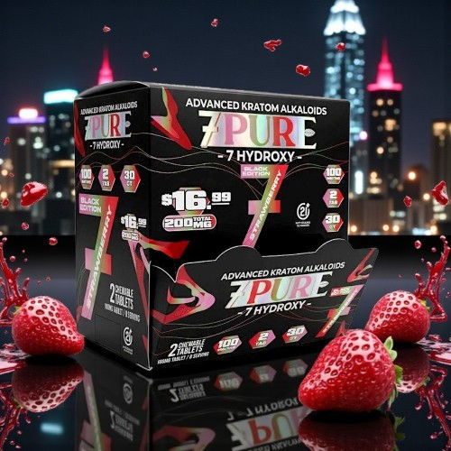Box of Pure 7 Hydroxy dietary supplement with strawberries and city skyline background.