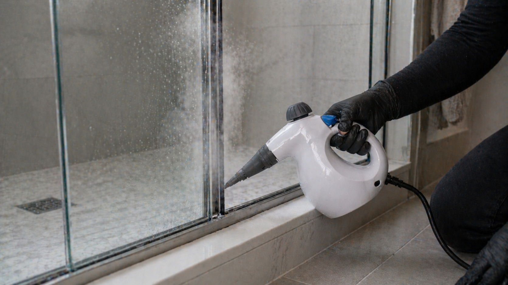 Person using a steam cleaner to clean a shower door.
